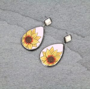 earrings pink leather sunflower teardrop w white s