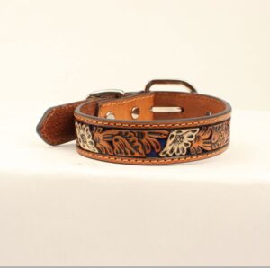 collar dbl barrel tooled leather w blue white