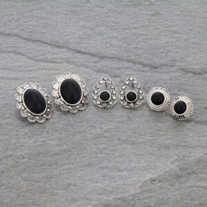 earring 3 pair black semi stone w clear crystals