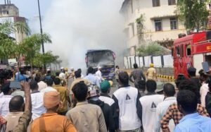 Bus catches fire in Hampankatta Mangaluru