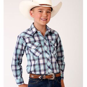 SHIRT BOYS L/S SNAP PLAID AQUA/BLUE/WINE/WHITE PLAID 5 roper shirt boys l s snap plaid aqua blue wine whi